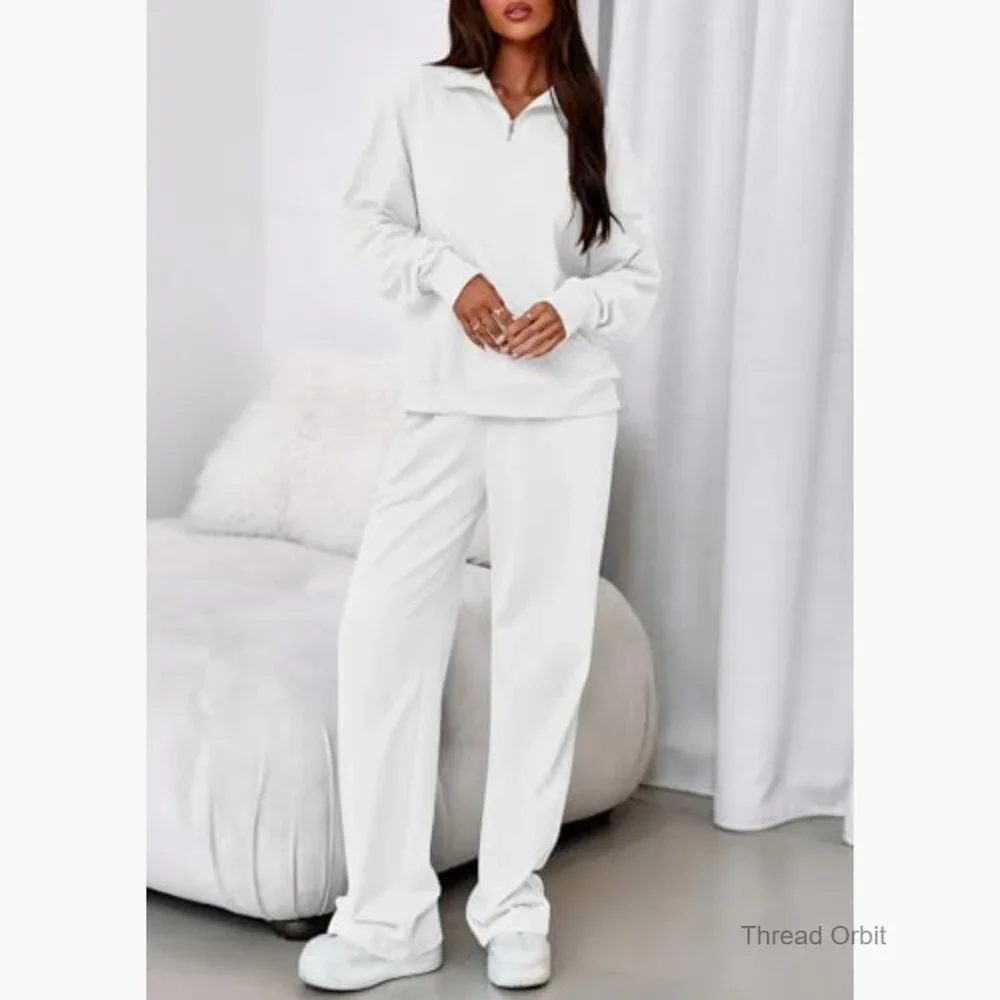 Loose Fit Quarter Zip Sweatshirt and Straight Leg Pants Set - Picture 3 of 7
